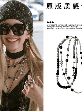 倪妮同款黑色串珠珍珠项链女
