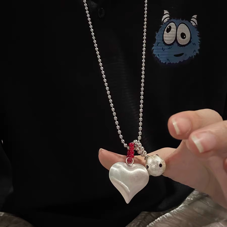 金属拉丝银波点爱心珍珠吊坠项链