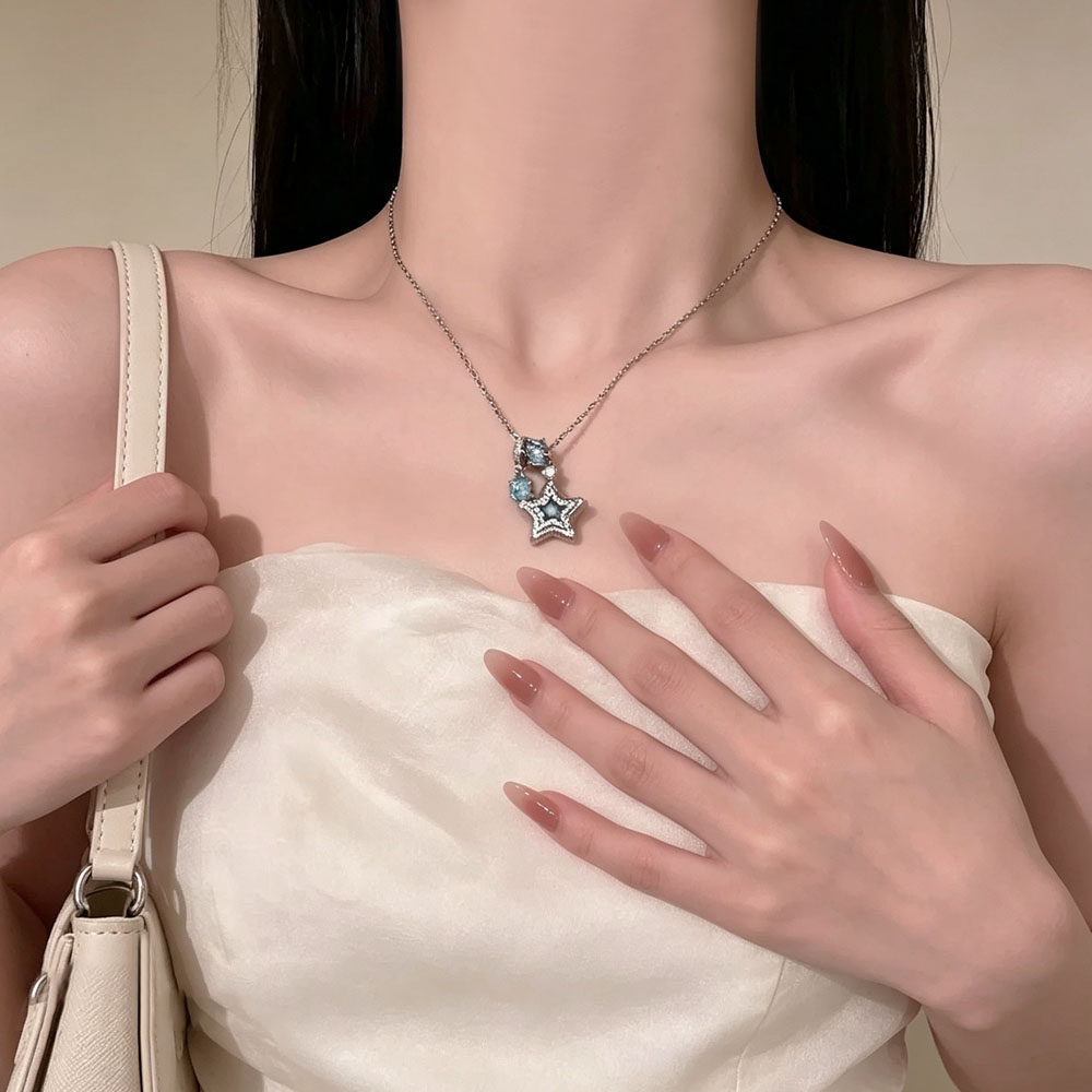 超闪镶钻蓝色星星吊坠项链女款气质百搭微镶吊坠锁骨链颈链配饰