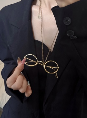 摩登金属做旧眼镜吊坠项链毛衣链