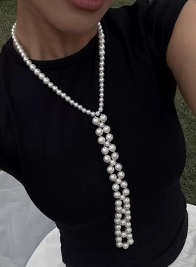 复古轻奢长款珍珠领带项链女小众高级感气质毛衣链锁骨链配饰