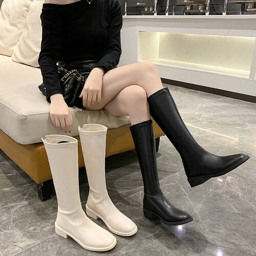 小个子长靴女不过膝高筒骑士靴秋冬加绒粗跟皮靴白色大码长筒靴子
