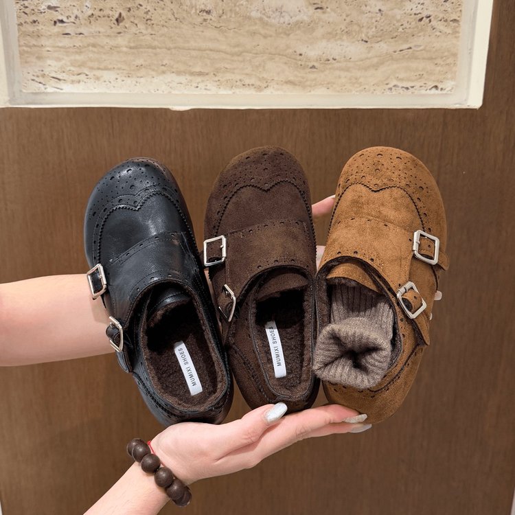 平底搭扣加绒勃肯鞋女2025冬季新款棕色毛毛鞋保暖棉鞋软底乐福鞋