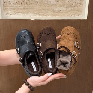 女2025冬季 软底乐福鞋 新款 保暖棉鞋 棕色毛毛鞋 平底搭扣加绒勃肯鞋