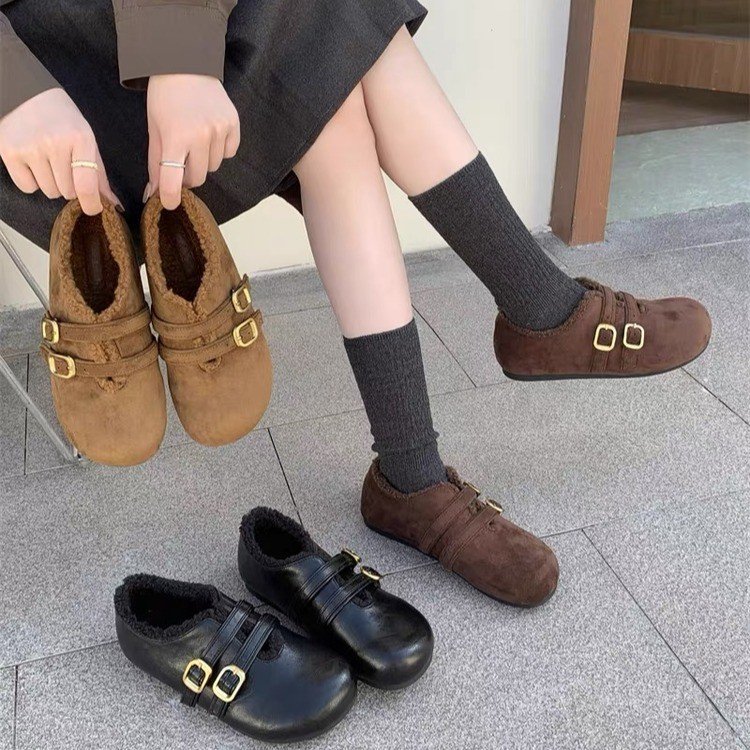 内增高加绒全包勃肯鞋芭蕾风小皮鞋女冬2025新款玛丽珍豆豆鞋棉鞋