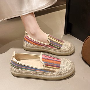女2025新款 豆豆鞋 春夏季 休闲单鞋 一脚蹬懒人乐福鞋 彩虹条纹渔夫鞋
