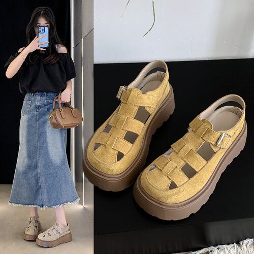 包头罗马凉鞋女2026夏新款镂空洞洞小个子编织猪笼松糕厚底勃肯鞋