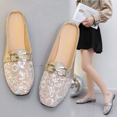 外穿透气百搭平底女拖鞋 2025春夏新款 包头懒人半拖鞋 网纱方头拖鞋