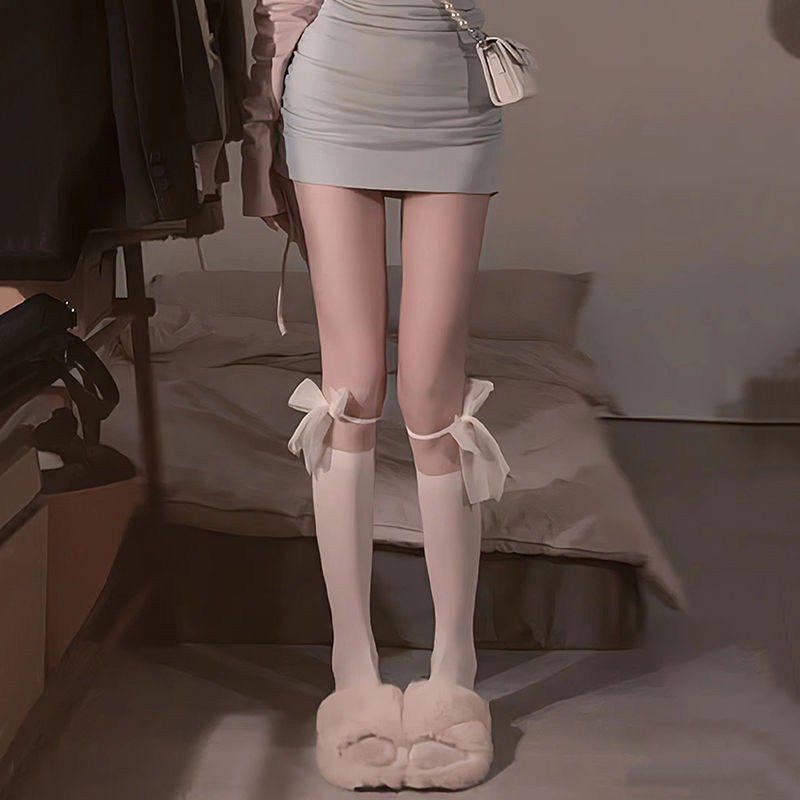 白色jk蕾丝袜拼接中筒袜子女春夏季薄款白丝袜结lolia小腿袜