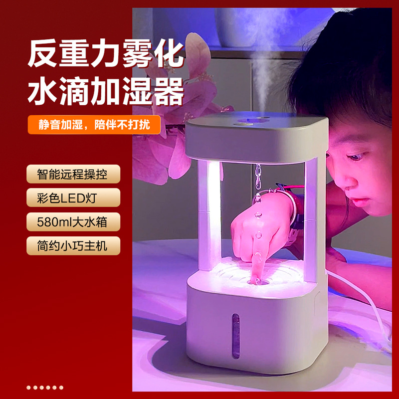 外贸反重力加湿器 水滴雾化反引力humidifier水滴倒流七彩夜灯APP