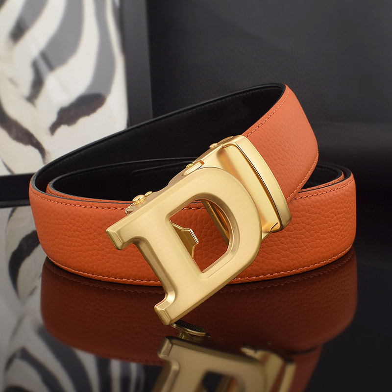 2025新款欧美风男士真皮自动扣皮带字母商务休闲腰带韩版品牌橙色