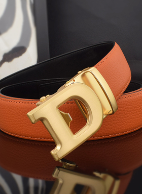 2025新款欧美风男士真皮自动扣皮带字母商务休闲腰带韩版品牌橙色