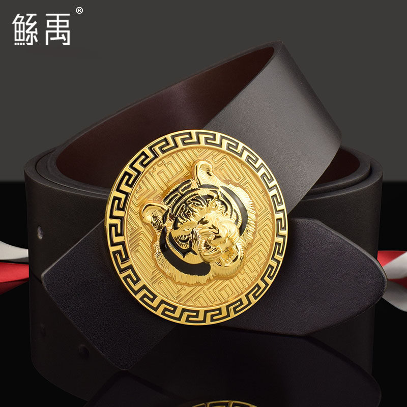 高档铜扣皮带男士真皮平滑扣腰带男奢侈品霸气老虎头生肖炫酷裤带
