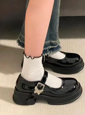 Jackson增高夏季黑色圆头日系厚底法式高跟小皮鞋复古玛丽珍单鞋