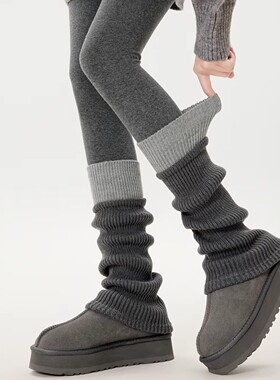 灰色针织袜套女中筒秋冬季设计感粗线羊毛堆堆袜拼色y2k小腿腿套