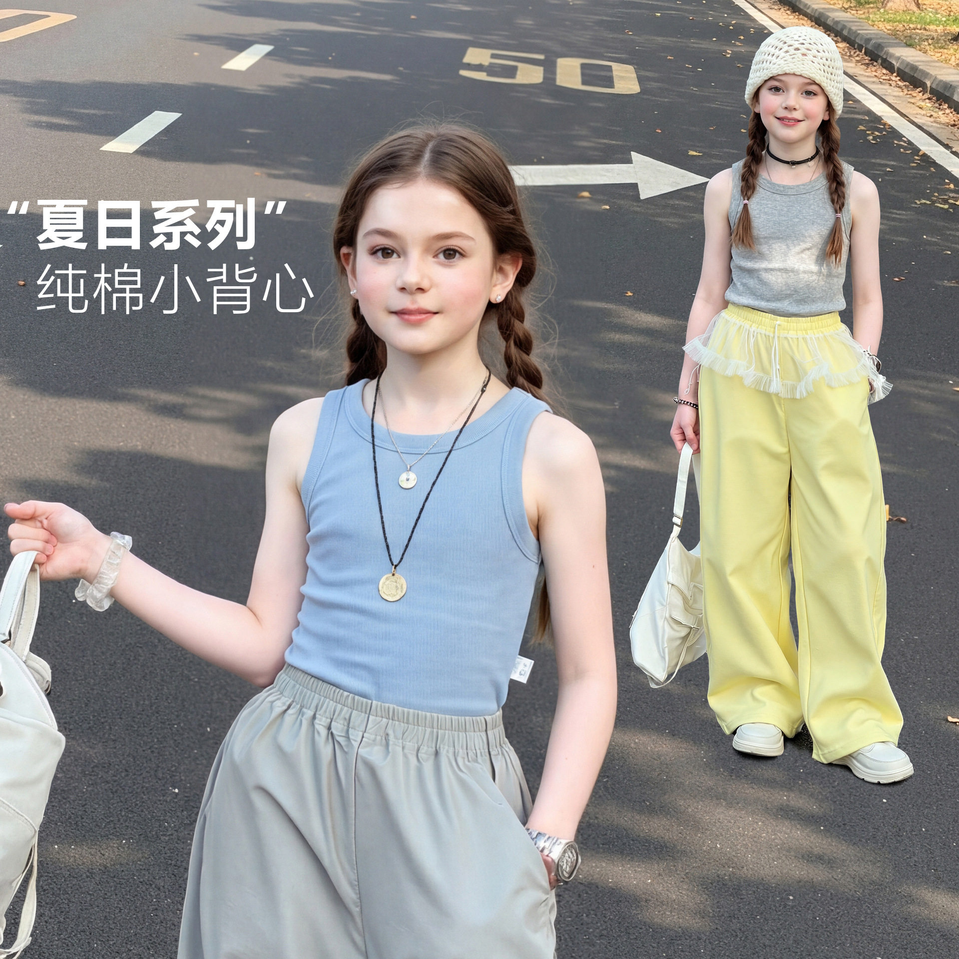 新款夏季纯棉儿童背心女童多巴胺穿搭纯色韩版内搭吊带儿童打底衫