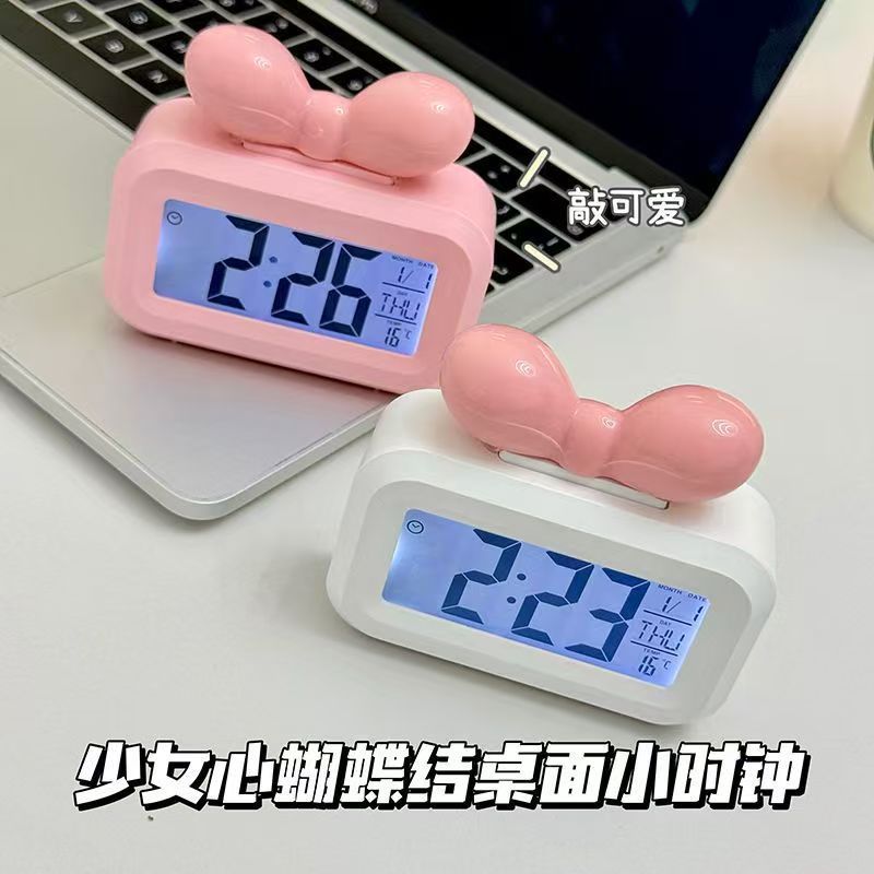 可爱多巴胺蝴蝶结桌面多功能时钟