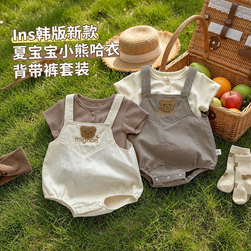 ins韩版新款夏宝宝小熊哈衣背带