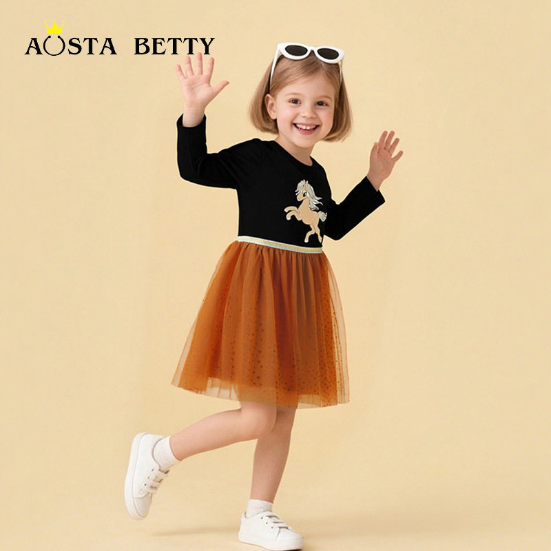 AOSTA BETTY中小女童宝春秋新款洋气可爱欧美风网纱连衣裙公主裙