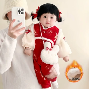 new idea婴儿冬季加绒加厚中国风连体衣春节拜年服女宝宝爬服外套