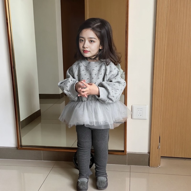 [那子]女童冬季加绒加厚纱裙卫衣连衣裙套装韩版女宝宝加厚打底裤