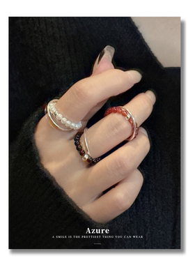 韩国东大门同款戒指女复古小众设计感珍珠串珠食指戒时尚个性手饰