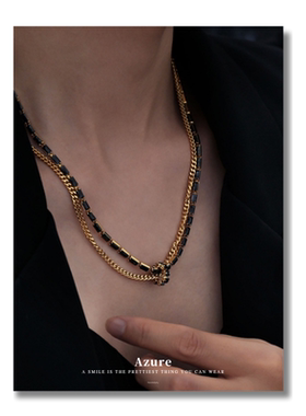 暗黑锆石链条双层项链设计感黑金吊坠毛衣链小众轻奢高级感锁骨链