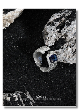 纯银蓝宝石戒指男女小众设计开口可调节克莱因甜酷感肌理不掉色