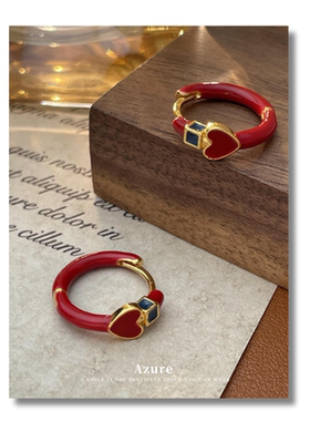 红色滴油爱心耳环女复古新中式设计高级感简约百搭耳钉气质耳饰品