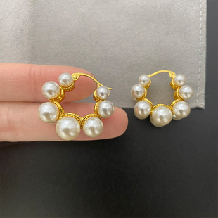 奥米迪奥大小双排珍珠耳环金色银色法式轻奢小众设计高级耳饰2025