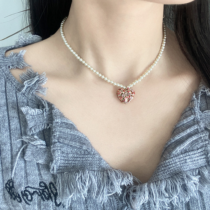 奥米迪奥女红色珐琅爱心珍珠项链