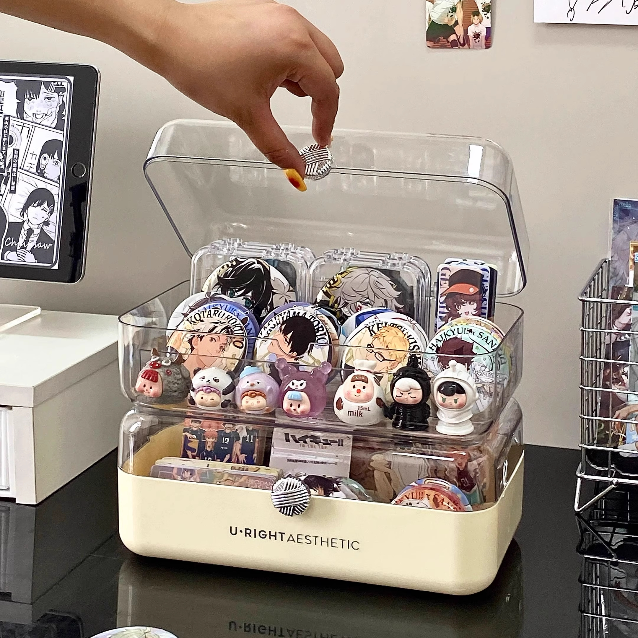 吧唧收纳盒透明翻盖桌面