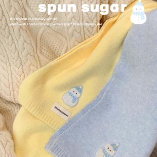 棉花加点儿糖 原创奶蓝色雪人针织围巾可爱刺绣冬天保暖少女围脖