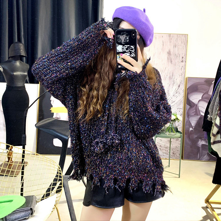 JoMi lifechic女神亮丝bling针织衫韩显瘦百搭破洞减龄连帽毛衣女