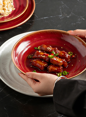 复古陶瓷红色圆形家用西餐盘陶瓷菜盘子创意大号汤盘深盘餐厅餐具