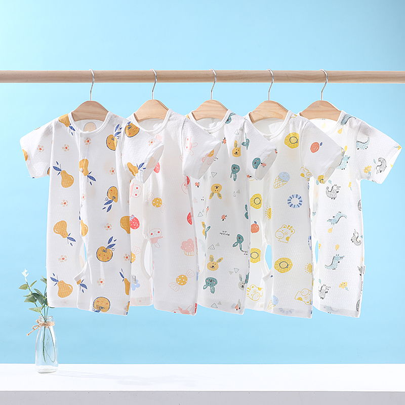 婴儿连体衣夏季薄款宝宝开裆短袖哈衣新生儿爬服夏装睡衣纯棉衣服