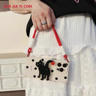 100新款 x40i防摔畅玩50 9pro可爱荣耀200 趣味波点黑猫支架适用华为p70pro手机壳p30斜挎mate60挂绳nova11