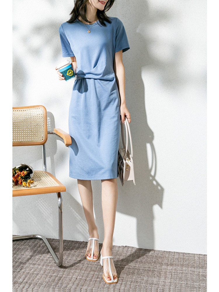 SUMMER 2024 NEW KOREAN VERSION SIMPLE TEMPERAMENT SHORT SLEEVE WAIST BLUE CREW NECK SLIT T-SHIRT DRESS SKIRT GIRLS