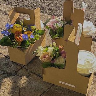 一次性牛皮纸环保手提杯托咖啡奶茶纸杯饮料外卖打包杯托定制4杯