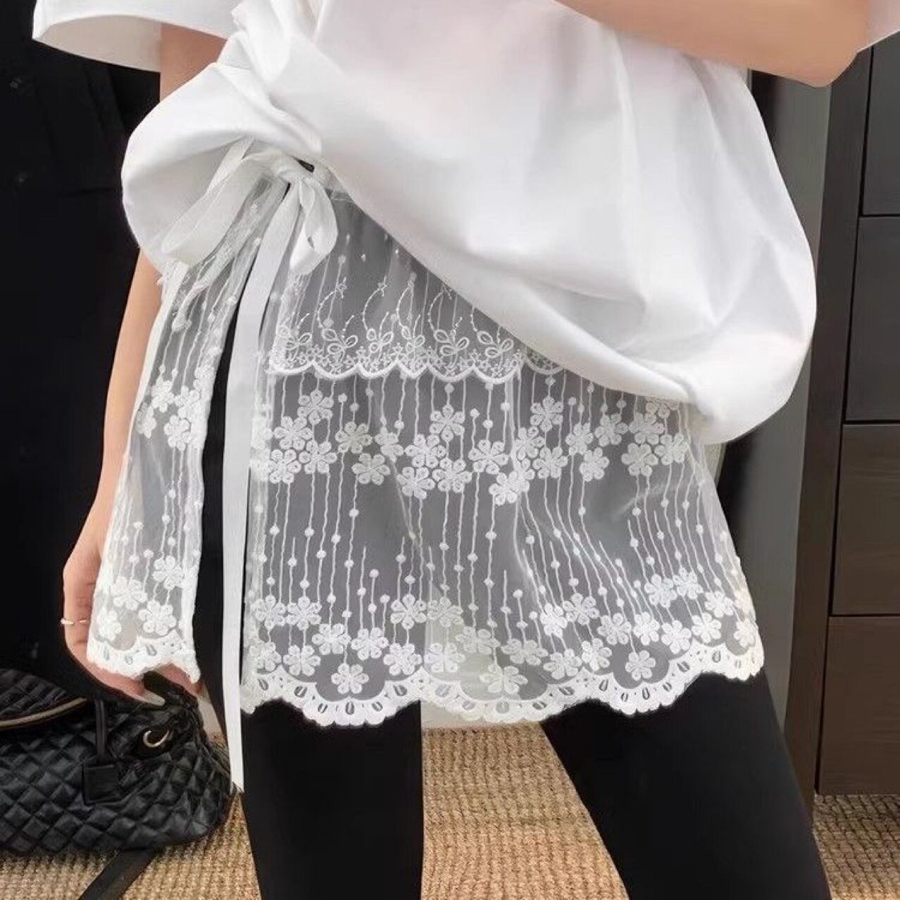 白色网纱蕾丝蝴蝶结系带屁帘半身裙女秋冬春季新款叠穿遮胯短裙子