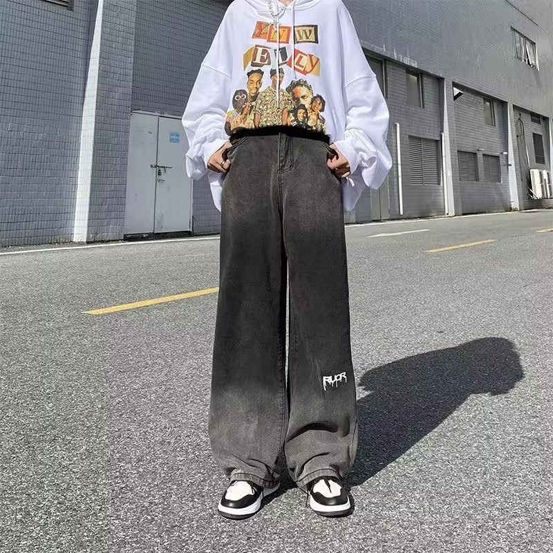 设计感渐变宽松牛仔裤女生秋冬季新款高腰显瘦百搭休闲裤子ins潮