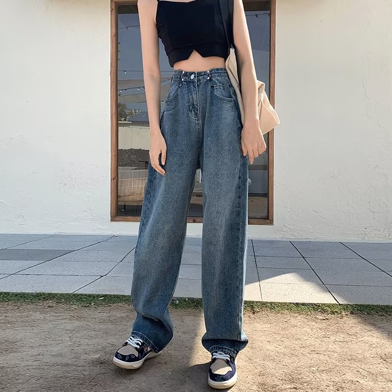设计感可调节牛仔裤女生夏季薄款高腰显瘦个性时髦垂感阔腿长裤潮
