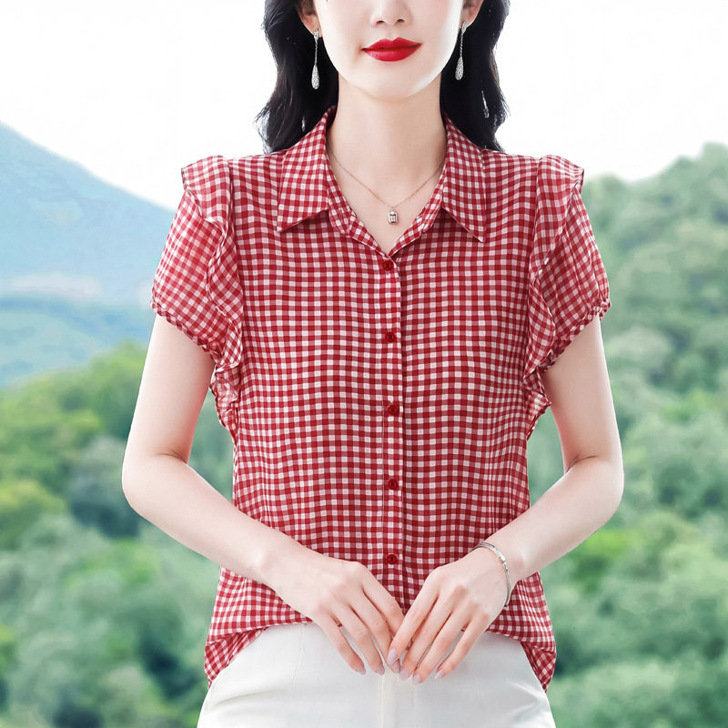 法式格子短袖雪纺衫女装2026新款夏季设计感气质女士衬衣减龄上衣