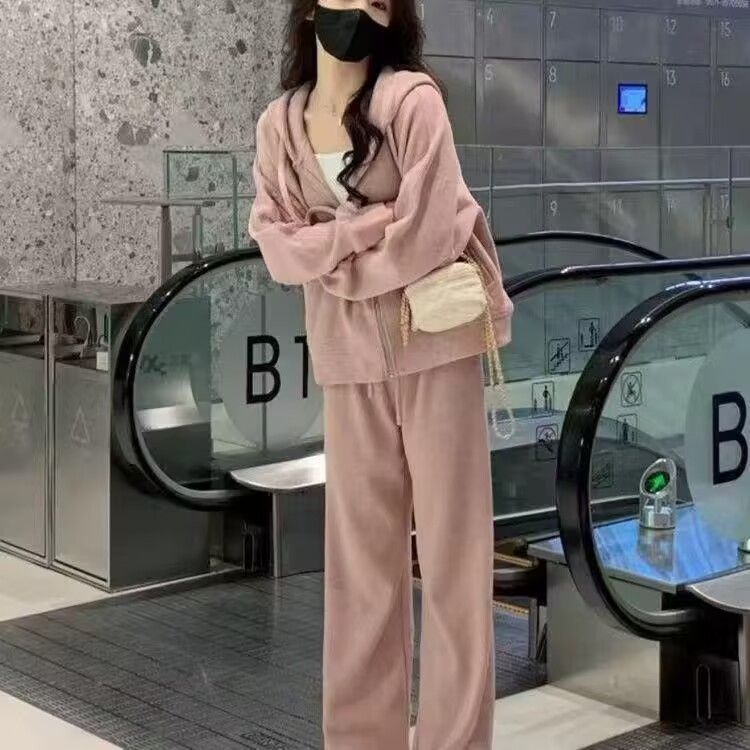 2026新款小个子奶系穿搭一整套女秋冬季粉色休闲运动卫衣两件套装