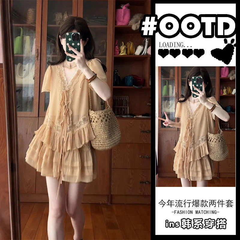 单件/2026夏季设计感蕾丝拼接v领上衣法式半身裙欧美炸街装穿搭潮