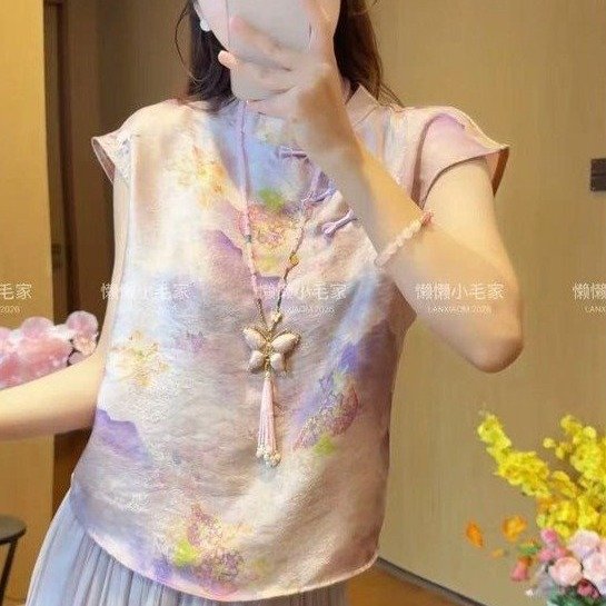 2026夏新中式晕染印花短袖衬衫女夏季国风气质上衣花朵图案雪纺衫