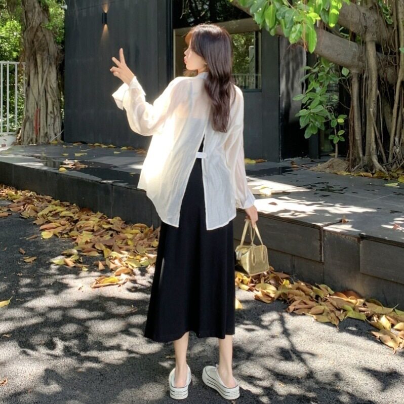 休闲防晒衬衫气质吊带连衣裙夏季收腰开叉显瘦两件套装女