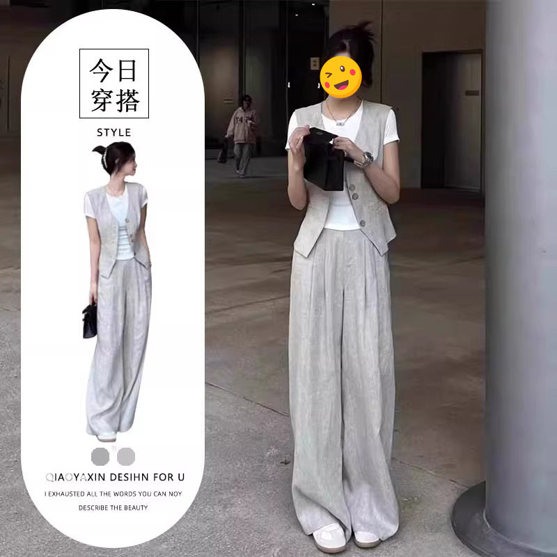 小香风职业套装2026夏季干练气质女装高级感灰色马甲阔腿裤三件套