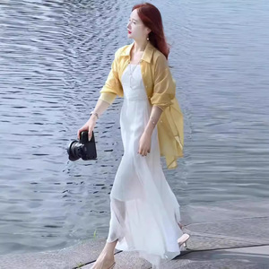 时尚连衣裙女夏季洋气显瘦减龄防晒衬衫吊带裙长裙轻熟风两件套裙