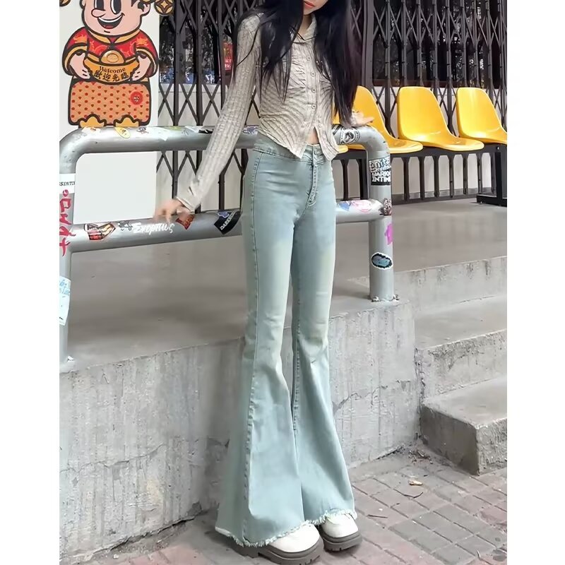 春季小个子辣妹复古鱼尾牛仔裤女生高腰喇叭裤修身显瘦阔腿长裤子